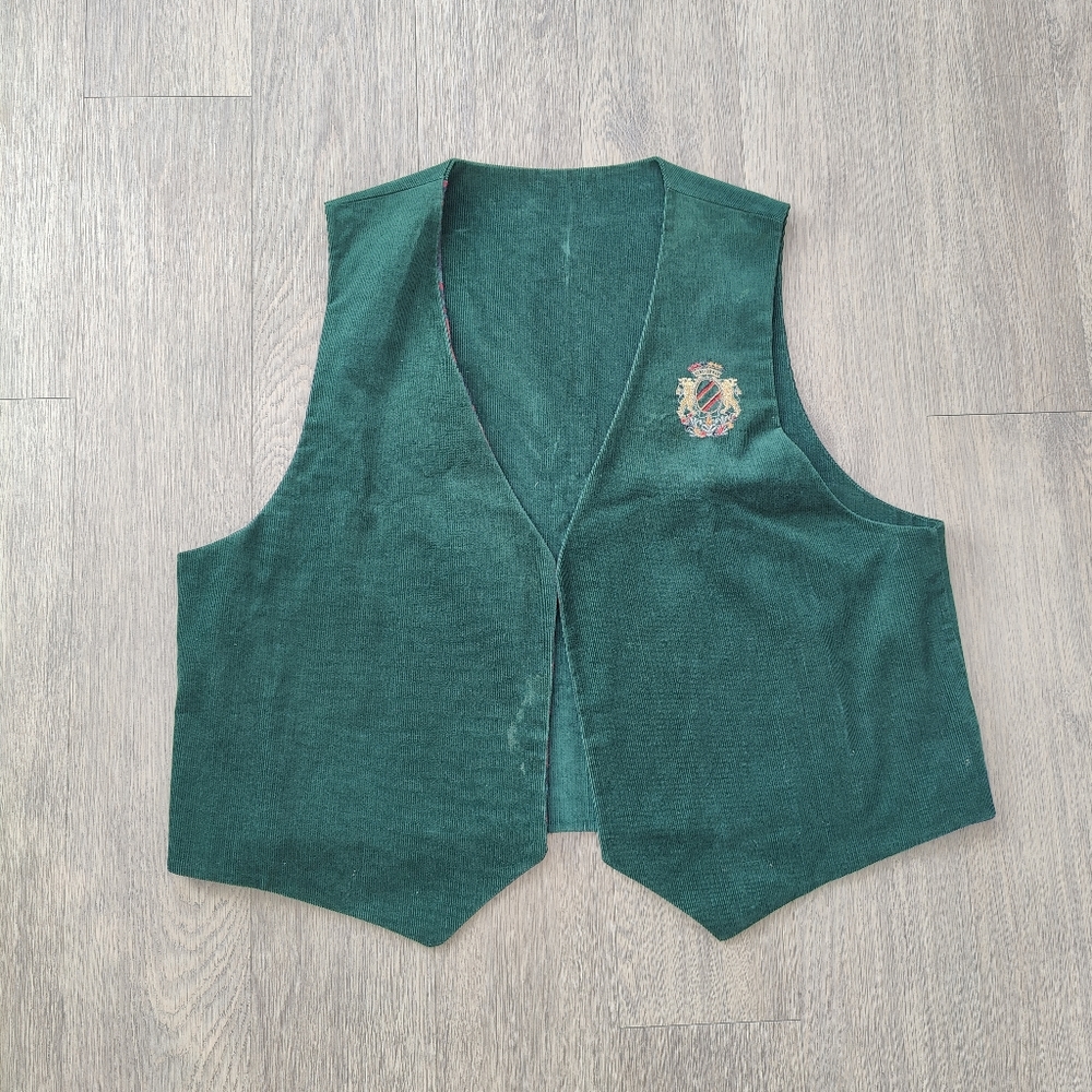 Vintage Green Reversible Corduroy Granny Vest with Aztec Print
